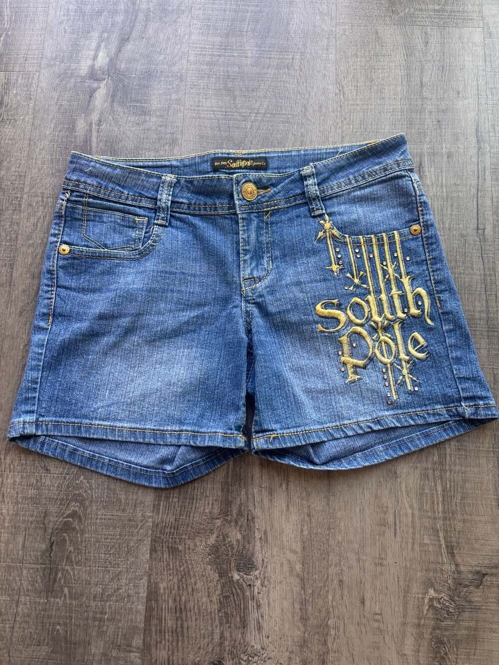 Southpole Women's Y2K Blue Denim Jean Shorts Size 8 Rhinestone Embellished